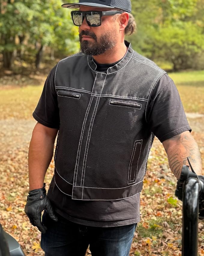 First Mfg Co Lowrider Mens Motorcycle Biker Riding Armor Club Style Black Leather, Twill, Moto Mesh, Perforated Vest