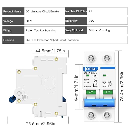 JOTTA Mini DC Circuit Breaker, 2 Pole 500V 20 Amp Isolator for Solar PV System, Thermal Magnetic Trip, DIN Rail Mount DZ47-20DC