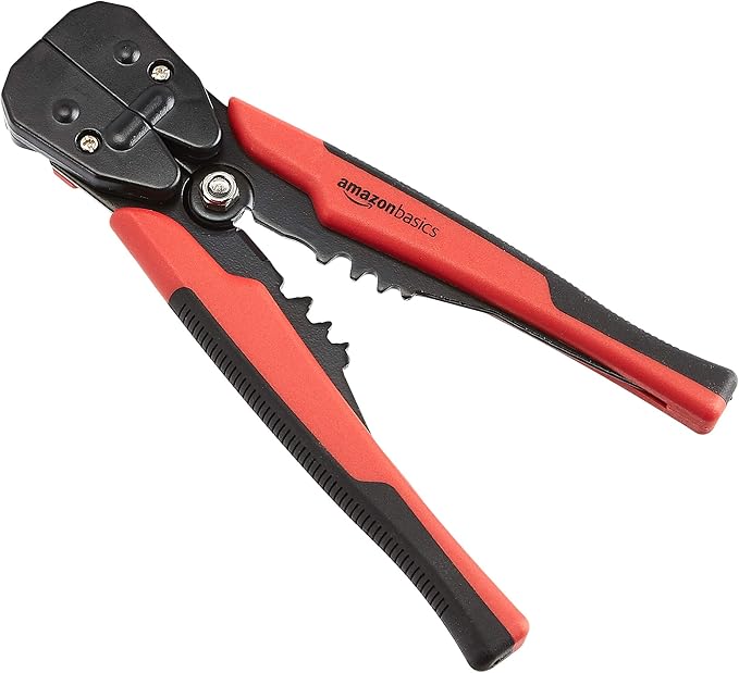 Amazon Basics Self-Adjusting Wire Stripper and Crimping Tool, Strips 10-24 AWG, Black/Red