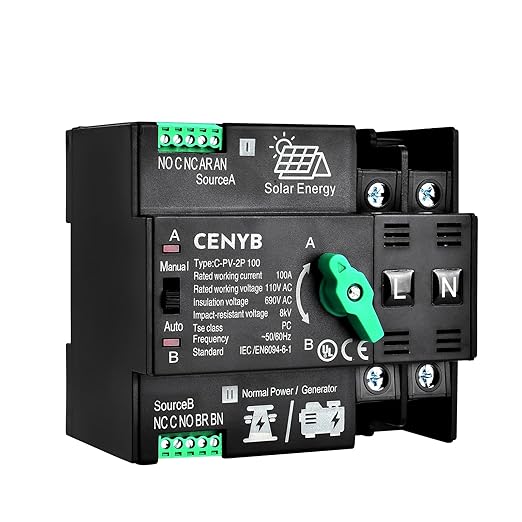 PV - Dedicated Automatic/Manual Transfer Switch Mini ATS Solar Auto Dual Power Switch 2P 100A AC110V Uninterrupted Power Supply DIN Rail Mount Toggle Changeover Module