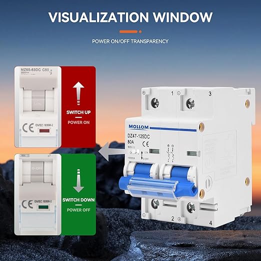 Mollom DC 2 Pole Miniature Circuit Breaker, 500V 125Amps, Scene Visualization Custom MCB Thermal Magnetic Trip, 6KA Breaking Capacity DC Disconnect Switch for Solar PV System
