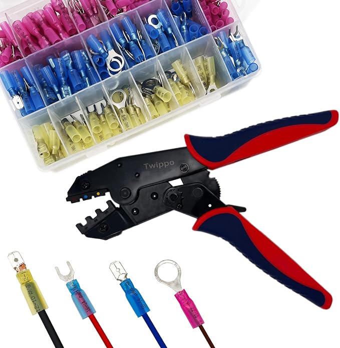 Crimping Tool for Heat Shrink Connectors, Ratchet Terminal Crimping Tool, Crimping Pliers, Ratcheting Wire Crimper for 22-10 AWG Terminal Connectors