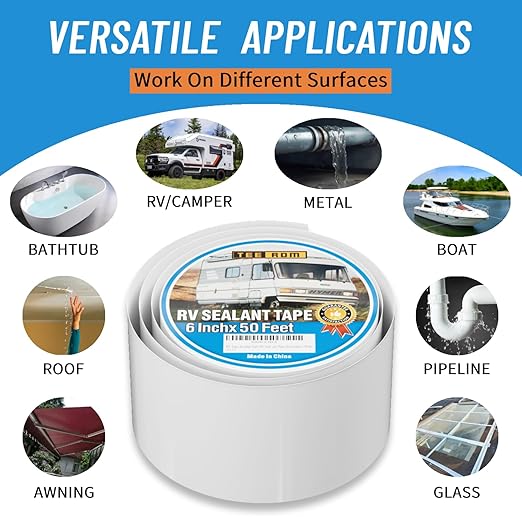 RV Roof Tape White,6 Inch X 50 Feet RV Sealant Tape with Rubber Roller,Camper Roofing Repair Sealant Tape, Waterproof Leak Tape for RV Repair,UV Resistant, Weatherproof, for Boat Sealing, Camper