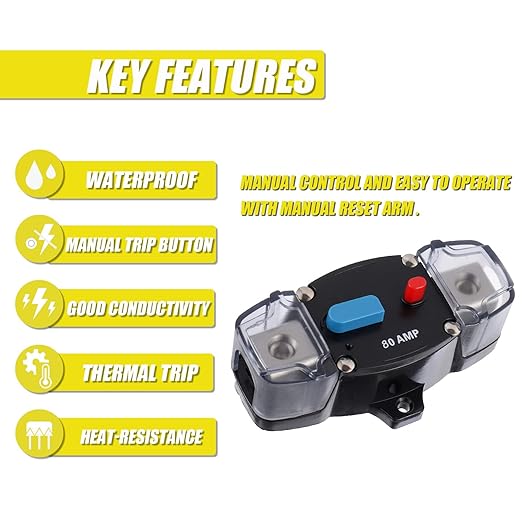 80A 12-48 Volt DC Self Recovery Circuit Breaker with Manual Reset Button for Automotive Rv Marine Boat (80Amp)