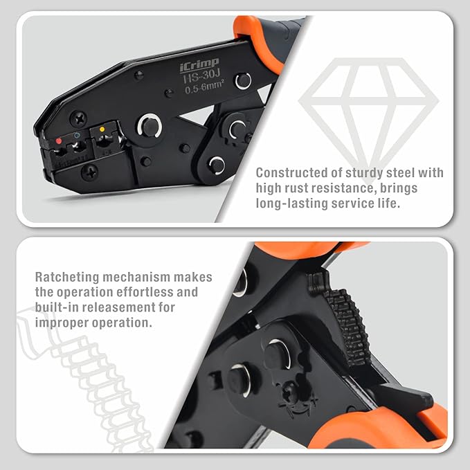 iCrimp Ratchet Wire Crimping Tool Set w/ 5 Interchangeable Jaws for Insulated and Non-Insulated Terminals AWG20-2, Wire Stripper included