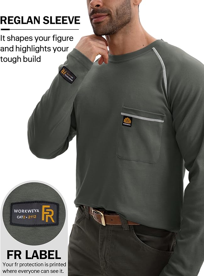 WORKWEYA FR Shirts Flame Resistant Shirt 6.5oz Men's NFPA 2112/CAT2 Long Sleeve Shirt