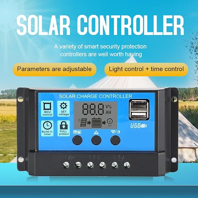 Solar Charge Controller PWM 30A 12V/24V Auto Parameter Solar Panel Regulator with Adjustable LCD Display Dual USB Port Timer Setting PWM MPPT