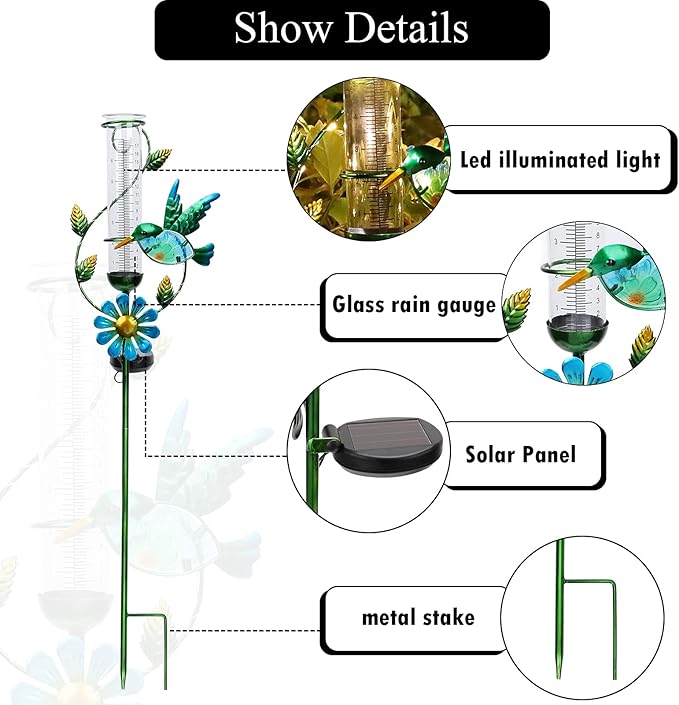 MUMTOP Rain Gauge Outdoor, Solar Powered Decorative Metal Hummingbird Flower Stake for Lawn Yard and Garden