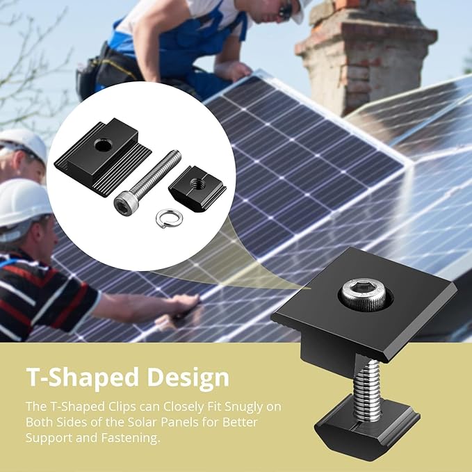 Anbte 10pcs Solar Panels Centre Clamps, Aluminium T-Shaped Mid Clamps 30mm/35mm Solar Panel Mounting Brackets Solar Mounting Rail Connector for Metal Roof, Tin Roof, Flat Roof, Sheet Roof, Black