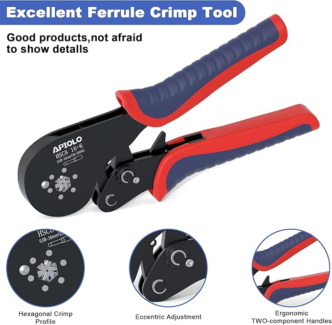 HS-16-6 Ferrule Crimping Tool, 6-Sided Serrated Crimp Ratchet Pliers AWG28-5 0.08-16mm², Labor-Saving Electrical Crimper for Automotive Industrial Household Use