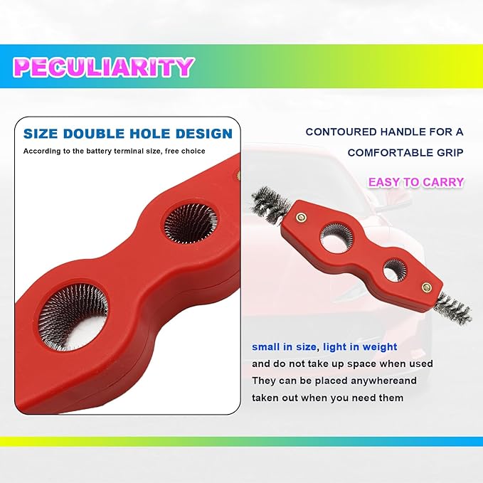 4 in 1 Car Battery Terminal Cleaners Anti-Corrosion Steel Wire Brush Heads, Cleans Inside Outside Thread, for Battery Terminals Machine Parts Cleaner Tool for Automotive and Marine(Red