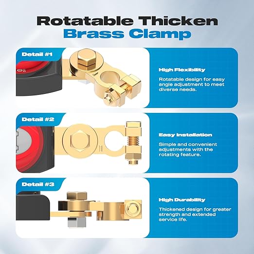 On/Off 275A Top Post Battery Switch with Negative Brass Clamp 12-48V Battery Power Cut Master Switch Disconnect Isolator for Car Vehicle RV and Boat