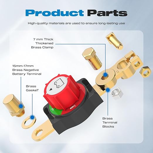 Top Post Battery Disconnect Switch Negative Brass Clamp 275A Heavy Duty 12V/24V/48V Battery Cut Off Master Kill Switch for Car, Marine, RV, Boat, Truck