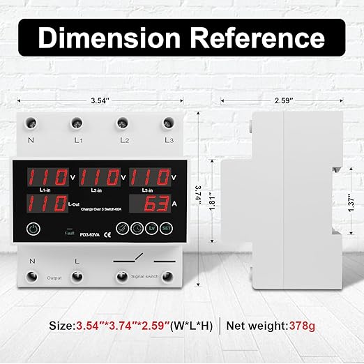 One-Click Setup Automatic Transfer Switch with Priority Phase L1＞L2＞L3, 4P 63A 110V 40/50/60/70Hz ATS Electrical Selector Switch Generator Changeover Switch V/A Protector Din Rail Mount