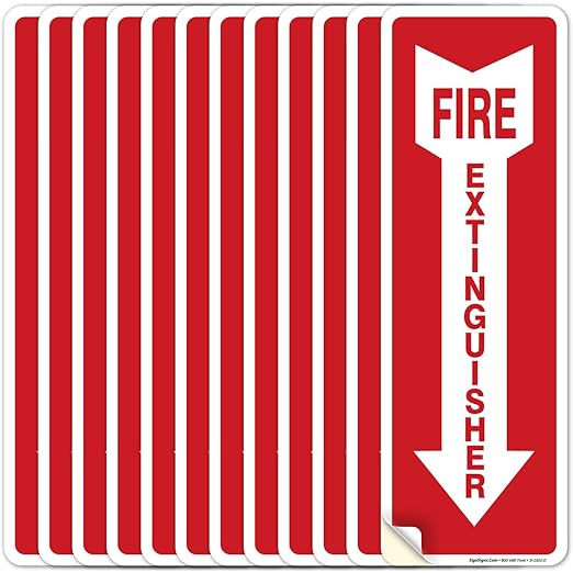 (6 Pack) Fire Extinguisher Sign 4 X 12" 4 Mil Sleek Vinyl Decal Stickers Weather Resistant Long Lasting UV Protected and Waterproof Made in USA