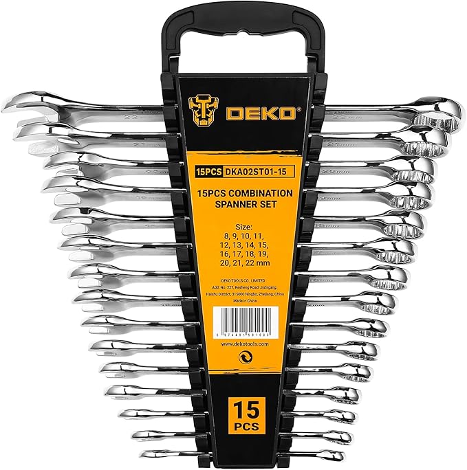 DEKOPRO Combination Wrench Set, Metric, 15-piece, 8-22mm, 12-Point, Chrome Vanadium Steel, with Plastic Tray