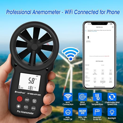 Professional WiFi Anemometer, Smart Wind Speed Meter Gauge with APP, 0.3-40m/s Range, Measures Wind Temp, Max/Min/Avg, Backlight, Ft/min, Knots, Km/h, Mph, (866B-APP-WIFI)