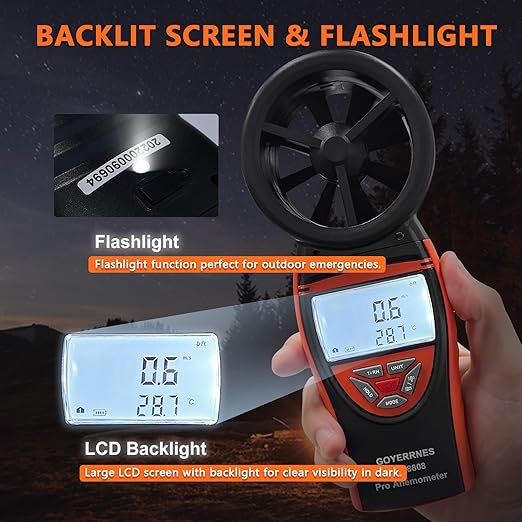 Handheld Anemometer with Tripod, for Wind Speed Temp Humidity, Digital Rechargeable Air Flow Gauge Meter, Portable CFM Measuring Device for HVAC Outdoor Shooting Golf Drone Flying