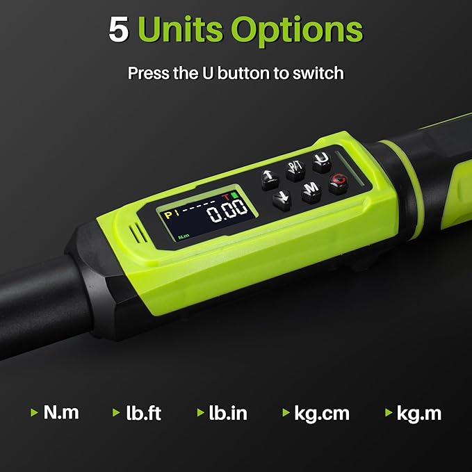 Digital Torque Wrench 1/2" Drive-2.2-147.5Ft.Lb/3-200N.m,Electric Torque Wrench With Vibration Buzzer LED Indicator,±2% Accuracy Five Units for Bike Motorcycle Car Auto Repair,DIY,Green Black