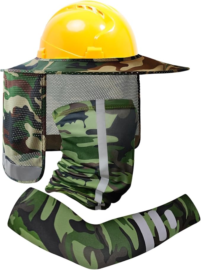 TCCFCCT Camo Hard Hat Sun Shade, Full Brim High Visibility Mesh Neck Shield and Bandana Face Scarf with Construction Arm Sleeves, Hard Hat Accessories, 3 Packs