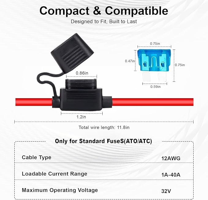 4 Pack 12AWG Inline Fuse Holder, Waterproof Heavy Duty 12V/24V Automotive Fuse Holder Kit with 40pcs Standard ATC/ATO Fuses (2A-40A), Tinned Copper Wire for Car Marine Boat Truck