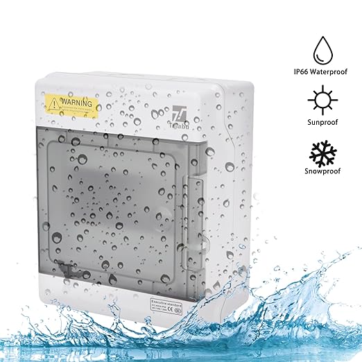 Waterproof 6 Way Breaker Box IP66 PC/ABS Alloy Plastic Power Distribution Box Enclosure with Clear Cover, Bus Bars and DIN Rail