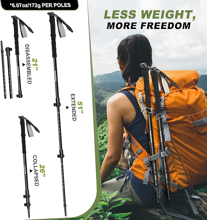 Ultra Light Carbon Fiber Hiking Trekking Poles - 6.07oz Nordic Trekking Sticks with Full EVA Grips & Quick Locks, All-Terrain Hiking Sticks for Seniors, Men & Women, Set of 2