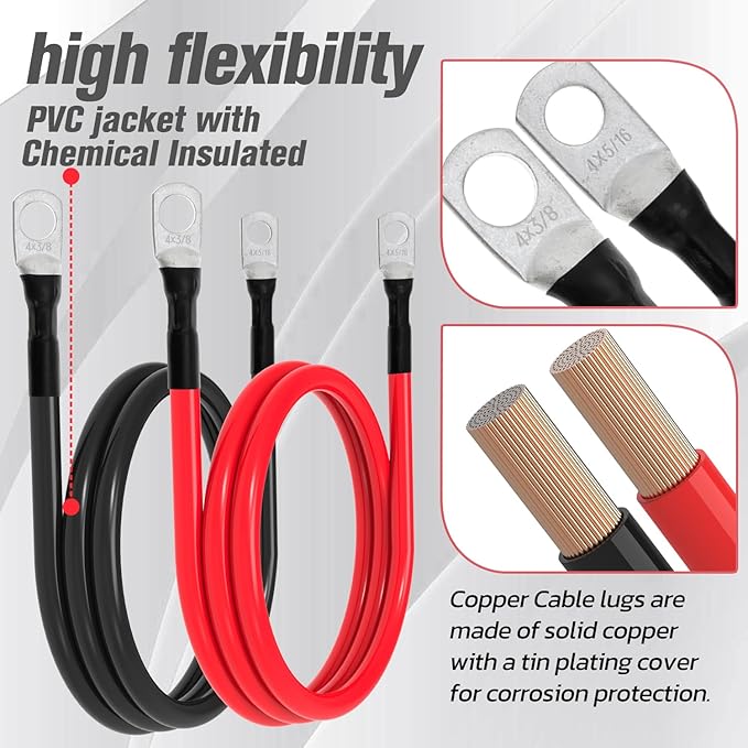 6 AWG Battery Cable 6AWG Gauge Battery Inverter Cables for Automotive Solar Marine Boat RV Car Motorcycle (6 AWG, 2FT, 3/8"+5/16")