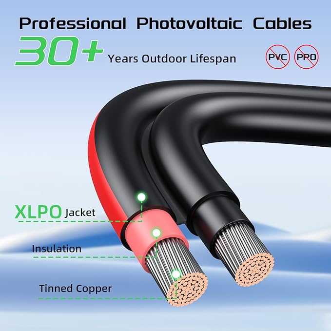 10AWG Bateria Power Solar Panel Extension Cable 20 Feet 6mm² with Female & Male Connectors, 10 Gauge Twin Wire Conductor Parallel Solar Wire Adapter for RV, Photovoltaic Systems