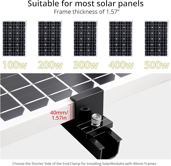 Anbte Solar Panel Mounting Brackets, Included 10 x 4.72 in Rails + 4 end Clamps 40mm + 6 Center Clamps 40mm + 1 Wrench, Aluminum Solar Mounting Kit for 4 Panels, Waterproof, for Roof, RV, Boat, Black