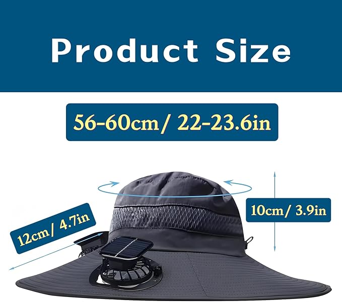 Solar Fan Hat ，Wide Brim Solar Fan Hat with 2 Solar Powered Fan Built ，Waterproof Outdoor Fishing Hat