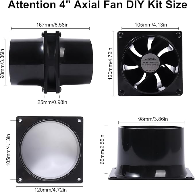 4.72" 12V Exhaust Duct Fan Kits with 4" Dual Duct Flanges Adapters Variable Speed Controller Small Inline Smoke Extractor Fan for DIY 3D Printer Enclosure Laser Engraver Soldering Small Grow Tents