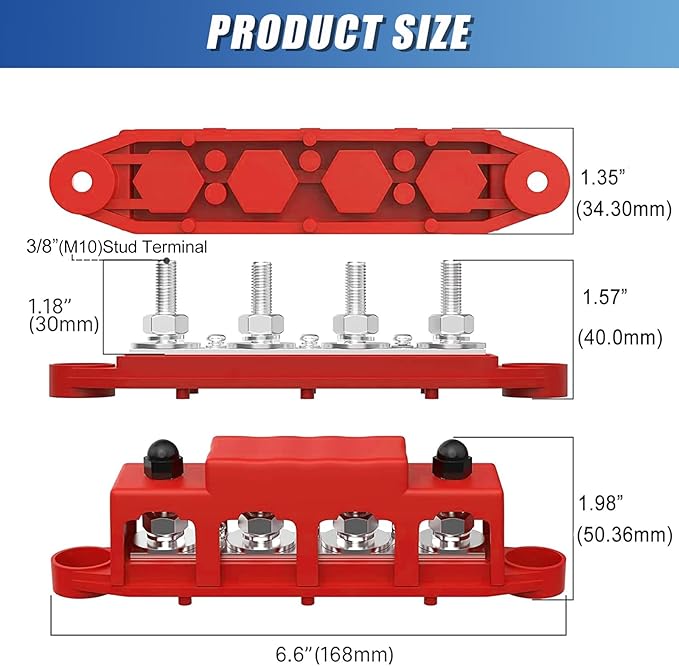 250A 12V BusBar 3/8" Power Distribution Block 4 Studs Junction Block Automotive Marine Battery Busbar Terminal Block with Cover 12 Volt Negative&Positive