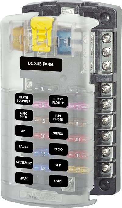 Blue Sea Systems 5026 ST Blade Fuse Block 12 Circuit with Ground and Cover, 100 Amps
