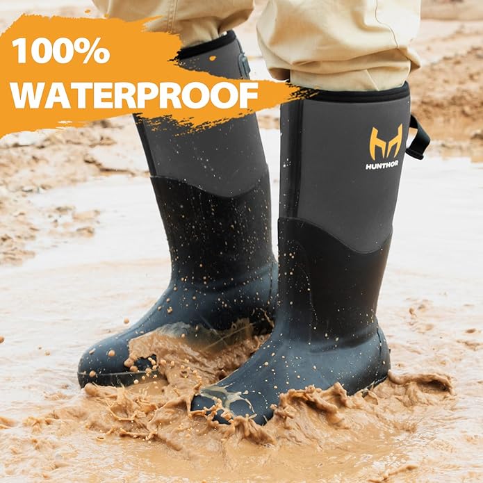 Rubber Work Boots, Puncture-Proof with Steel Toe & Shank, Waterproof Insulated 6mm Neoprene Hunting Boots for Farming, Construction, Gardening, Fishing, Outdoor Work (Size 6-14)