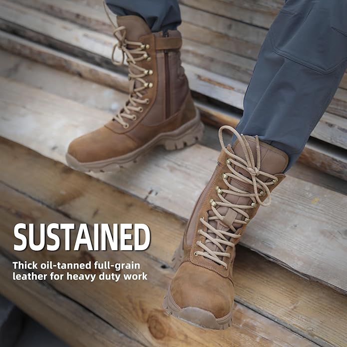 DahWe Men's Steel Toe Work Boots with Side Zipper 8 inch Lightweight Comfortable Indestructible Puncture Proof for Industrial Construction Warehouse Roofing Logger Riding Safety