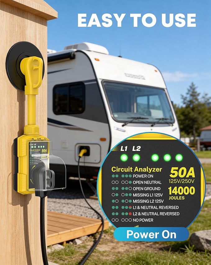 Kohree RV Surge Protector 50 Amp, Power Surge Voltage Protection Waterproof, Circuit Analyzer RV Adapter Plug for Travel Trailers Camper Outdoor, 50A 14000J-Yellow
