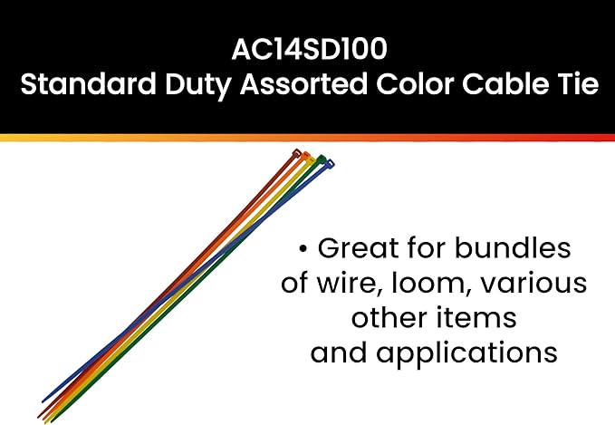 Pro Tie AC14SD100 14.6-Inch Assorted Color Standard Duty Color Cable Tie, Assorted Nylon, 100-Pack