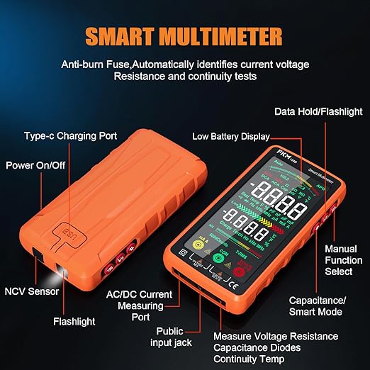 FKM Pro Digital Multimeter Tester TRMS 6000 Counts,Smart Rechargeable Voltmeter 5"Color LCD,Auto-Ranging Automotive Multimeters,for AC/DC Current/Voltage,NCV,Ohm,Capacitance,Resistance,Continuity,Temp