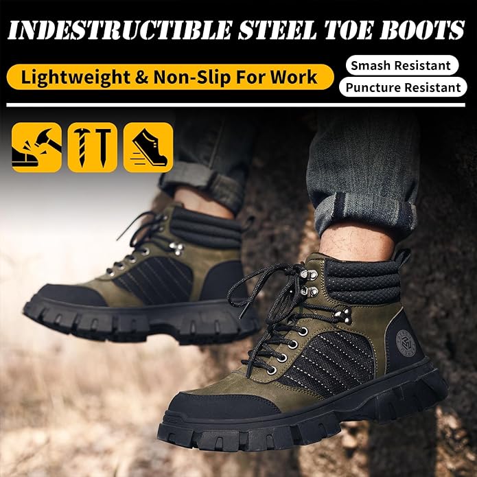 KELODON Waterproof Steel Toe Boots For Men-6 Inch Comfortable Mens Safety Work Boots Indestructible Steel Toe Shoes Lightweight Non Slip Puncture Resistant Industrial Construction Boot