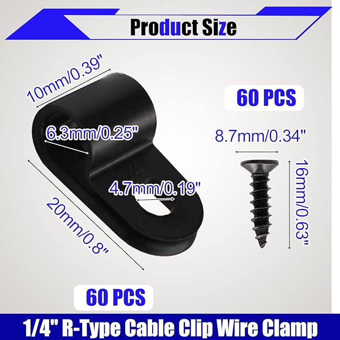 60 Pcs R-Type Cable Clip Wire Clamp, 1/4 Inch Nylon Cable Clamp Rope Light Mounting Clips Wire Fasten with 60 Screws for Wire Management and Cable Management