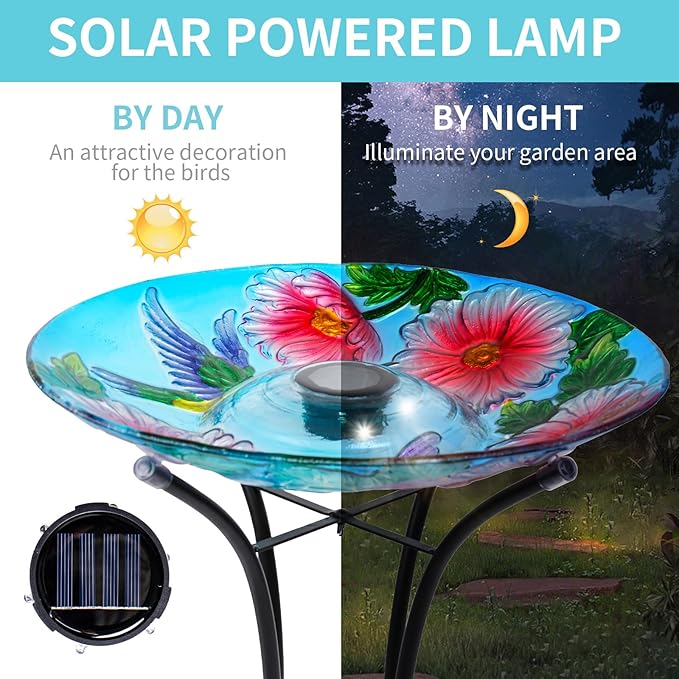 VCUTEKA Solar Birdbath Glass Bird Bath Outdoor with Metal Stand for Lawn Yard Garden Decor, Hummingbird