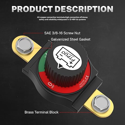 Side Post Battery Disconnect Switch 12V–48V, Nylon 66 & Brass, Flame-Retardant, Corrosion-Resistant, Battery Cut Shut Off Kill Switch for Car Trucks RVs Marine and Camp Trailers