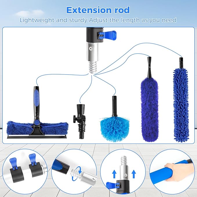 26ft High Reach Duster Kit, Aluminum 5-20ft Fan & Window Cleaner Set, Versatile Dusting Set with 5 Replaceable Heads for Cleaning Fans, Windows, and Hard-to-Reach Areas Outdoors Without Ladder