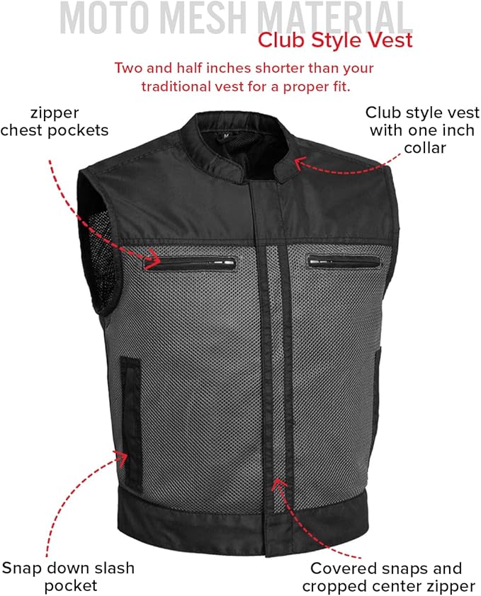 First Mfg Co Lowrider Mens Motorcycle Biker Riding Armor Club Style Black Leather, Twill, Moto Mesh, Perforated Vest