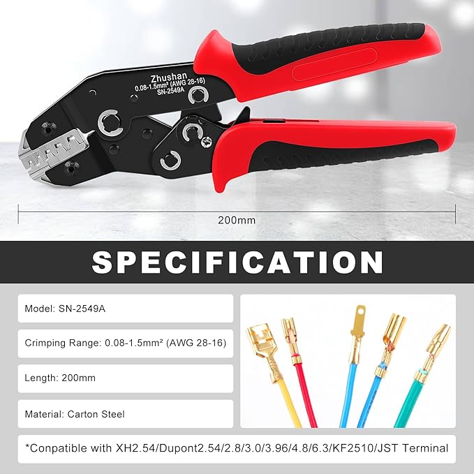 Zhushan SN-2549A Molex & JST Crimper for AWG 28-16 (0.08-1.5mm²) – Precision Tool for JST, Molex, and Dupont Terminals