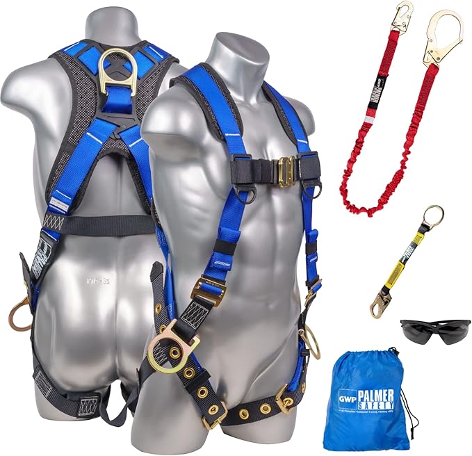 Palmer Safety Fall Protection Safety Harness Kit I Construction Harness + Various Lanyard + D-Ring Extender