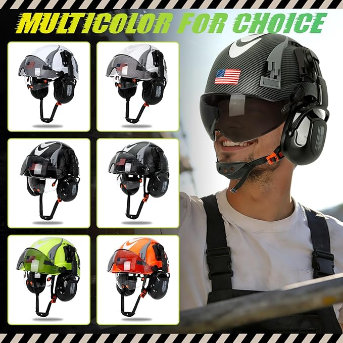 Hard Hat with Dual Visor and Hearing Protection-OSHA Approved Construction Hard Hats with Visor Sunglasses Earmuffs for Men,Vented Forestry Chainsaw Arborist Helmet with Chin Straps