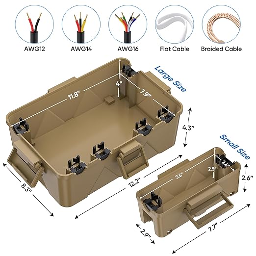 TICONN Outdoor Electrical Box, IP54 Splash-Proof Outdoor Extension Cord Cover, Protects Power Strip, Plug, Socket, Timer, Holiday Lights (Brown, Small) (Pack of 2)