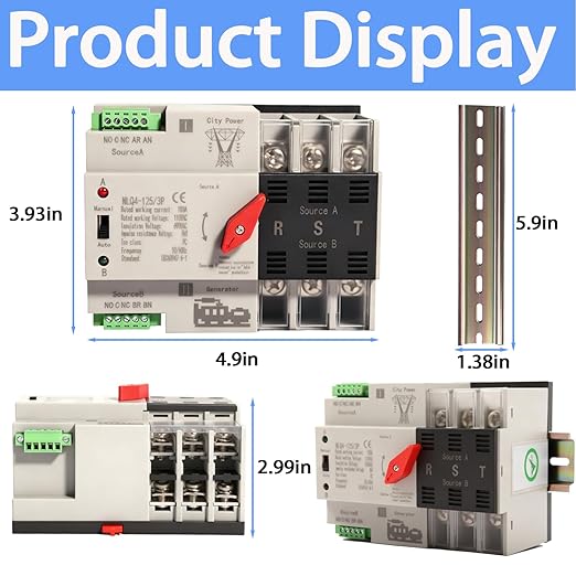 Mini ATS Automatic Transfer Switch Dual Power Changeover Switch 100A 110V Generator Electrical Selector Switches DIN Rail Mount 2P/3P Circuit Breaker Toggle Controller